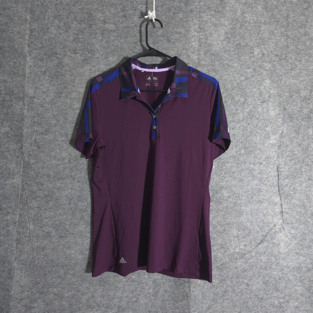 Adidas Golf Polo Shirt Womens Medium Purple Plaid Collar UPF 50 Performance